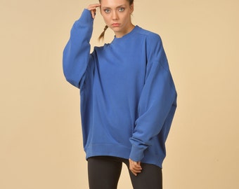 Women's Oversized Cotton Washed Blue Sweatshirt - Woman Stylish Crew Neck Sweatshirt - Sustainable Clothing