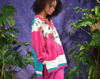 Floral Over-sized Tunic - V-Neck Tunic with Floral Print - Designer Sportswear - Sportswear Tunic - Pink Floral Tunic