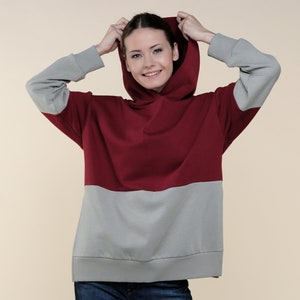 Burgundy Colorblock Hoodie Stylish Colorblock Hoodie Trendy Hoodie Sustain Clothing Ecofriendly Hoodie image 2