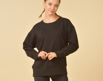 Sweat-shirt noir mignon pour femmes - Pull élégant en coton noir - Sweat-shirt tendance pour femmes - Sweatshirts durables - Black Athleisure Top