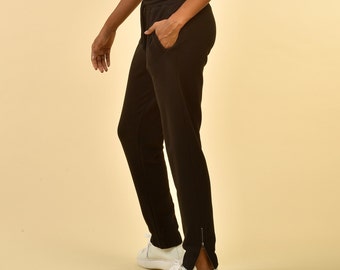 Women's Black Elastic Cuff Cotton Joggers - Woman Black Jogging Pants with Zip Cuff -  Comfy Jogging Pants - Sustainable Sweatpants
