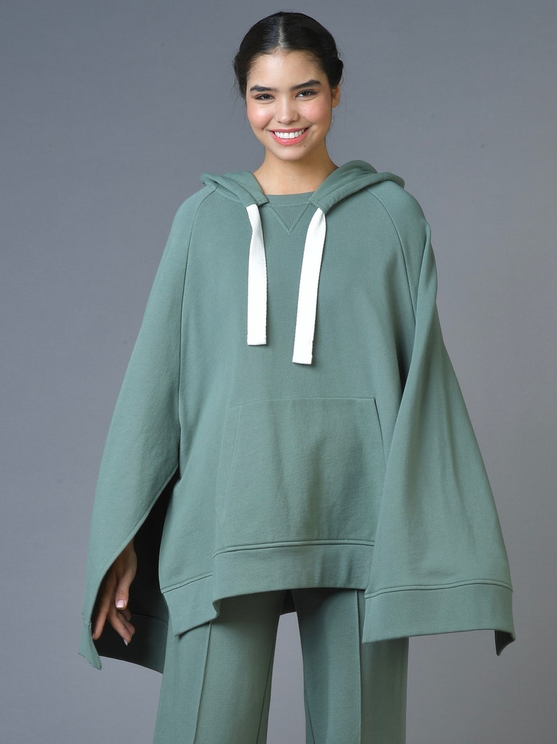 Women's Organic Cotton Poncho Hoodie, Cute Green Poncho, Women's Stylish Hoodies, Sustainable Clothing, Eco-friendly Women's Hoodie image 5