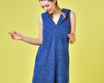 Robe à capuche en éponge bleu marine - Vêtements de plage pour femme - Robes en éponge - Robes éponge - Tuniques pour femme - Vêtements de plage pour femme - Vêtements écologiques