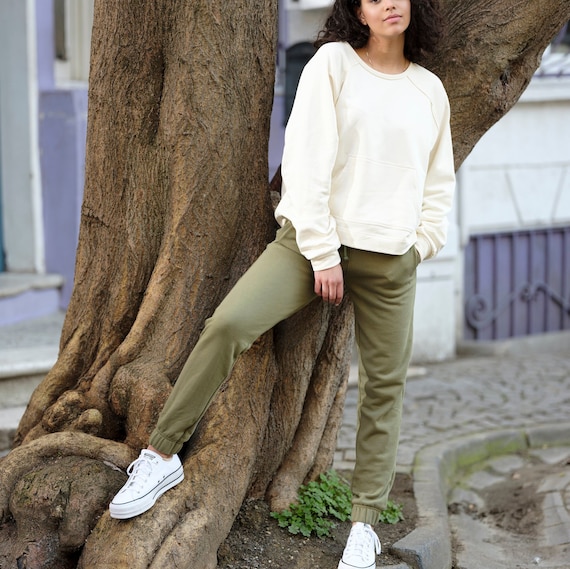 Cotton Green Joggers Olive Green Jogging Pants Green Sweatpants Elastic Cuff  Sweatpants Sustainable Athleisure Comfy Sweatpants 