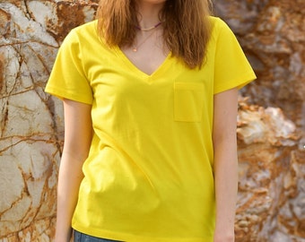 Termera - Yellow V-Neck Pocket Tee - Bright Yellow Women's T-Shirt - Sustainable Tops