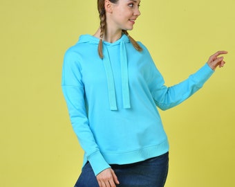 Round Hem Hoodie in Blue - Sustainable Hoodies - Preppy Hoodies - Lightweight Hoodies - Women's Hoodies - Eco-Friendly Clothing