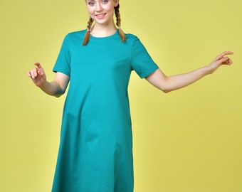 Cotton Teal T-Shirt Dress - Heavy Cotton Jersey Shirt Dresses -Cute Casual Dress - Eco-Friendly Dresses