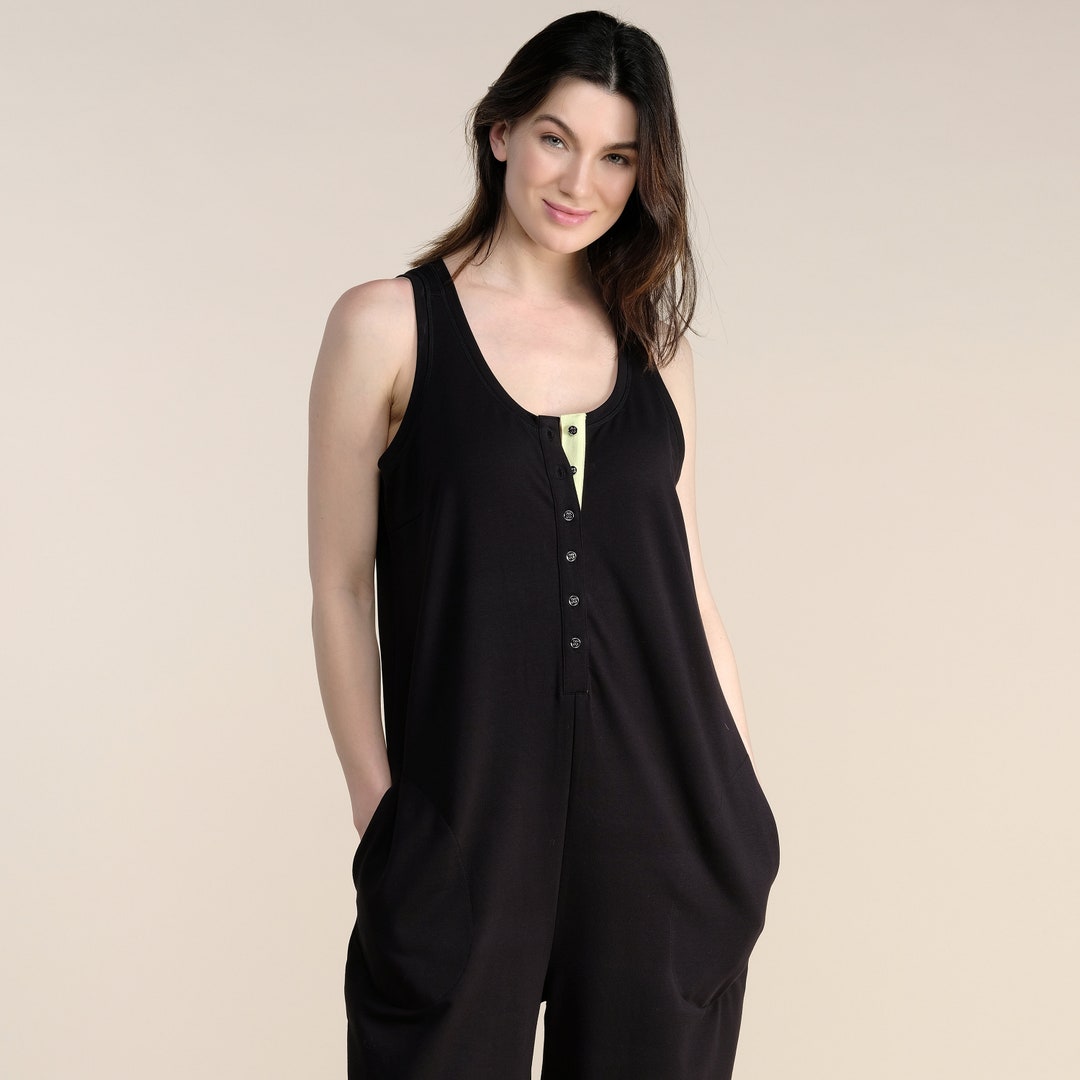 Women's Black Cotton Slouchy Jumpsuit Woman Henley Cotton Jumpsuit
