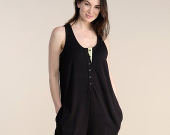 Women's Black Cotton Slouchy Jumpsuit  - Woman Henley Cotton Jumpsuit - Black and Lime Jumpsuit - Women's Stylish Romper