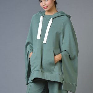 Women's Organic Cotton Poncho Hoodie, Cute Green Poncho, Women's Stylish Hoodies, Sustainable Clothing, Eco-friendly Women's Hoodie image 1