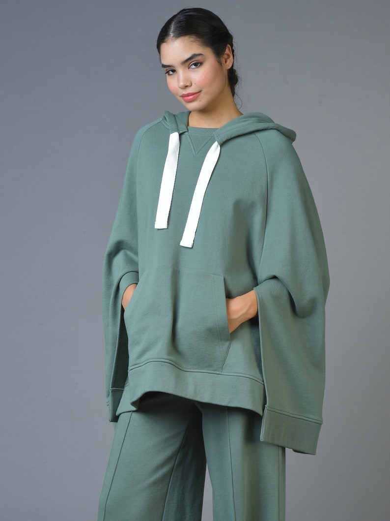 Women's Organic Cotton Poncho Hoodie, Cute Green Poncho, Women's Stylish Hoodies, Sustainable Clothing, Eco-friendly Women's Hoodie image 1