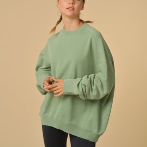 Women's Oversized Green Sweatshirt - Women's Oversized Cotton Sweatshirt - Green Pullover Sweatshirt - Cotton Washed Sweatshirt