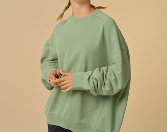 Women's Oversized Green Sweatshirt - Women's Oversized Cotton Sweatshirt - Green Pullover Sweatshirt - Cotton Washed Sweatshirt