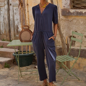 Women's Indigo Washed Short Sleeve Jumpsuit - Women's Jumpsuits - Sustainable Jumpsuits - Women's Rompers - Women's One Pieces - Rompers