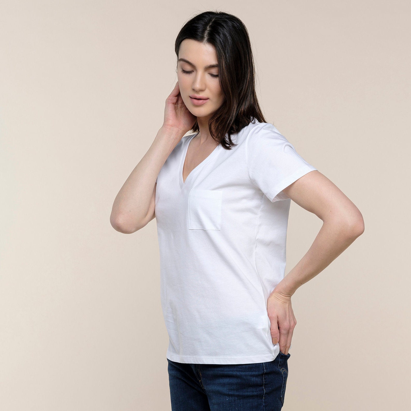 Women's Cotton V-neck Tee Basic White T-shirt - Etsy