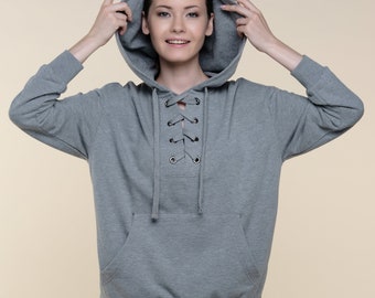 Women's Sustainable Grey Hoodie - Grey Lace-up Hoodie - Stylish Hoodies - Trendy Hoodies - Women's Gray Sweatshirts with Pockets