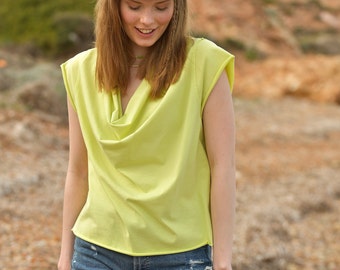 Drape Top - Cowl Neck Top - Lime Green T-shirt - Lime Tee - Sustainable Tees - Drapey T-shirts - Sustainable fashion - Ethical