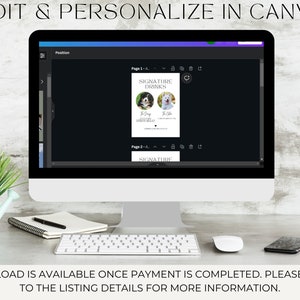 May include: A computer monitor displays a design template with the text "SIGNATURE DRINKS" and images of dogs. The screen also shows the text "EDIT & PERSONALIZE IN CANVA". A keyboard, mouse, and a black coffee mug are on the desk.