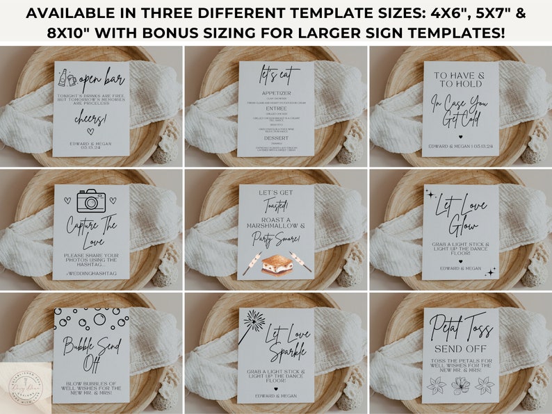 May include: A collection of wedding signage templates in various sizes. Each sign features elegant black script on a white background, with phrases like "Open Bar," "Capture the Love," and "Let Love Glow." The signs are arranged on wooden trays.