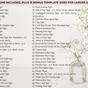May include: A list of 50 wedding sign templates, plus 15 bonus sizes, with titles like "Guestbook Sign," "Open Bar Sign," and "Honeymoon Fund Sign." The text is displayed in a clean, easy-to-read font. Two glass vases with white flowers are in the background.