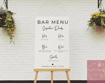 Minimalist Wedding Bar Menu Template: Modern Drink Sign (Canva EDITABLE)