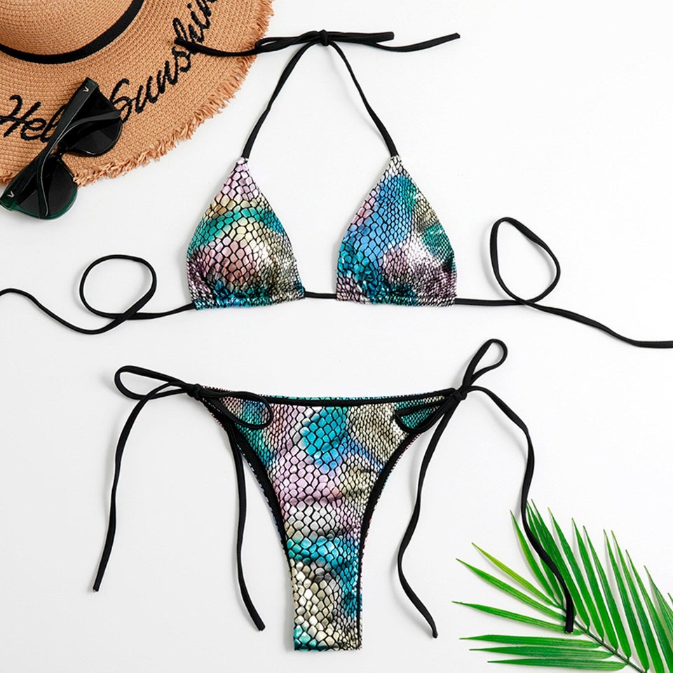 Discover Micro bikini set Halter swimwear women snake swimsuit female bathers two piece High cut bathing suit biquini New multicolor snake swimsuit