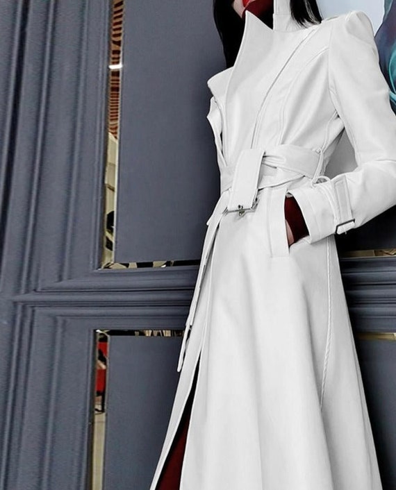 White Leather Trench Coat Long Canada Leather Trench Coat White, Women S Long Trench Coats Canada