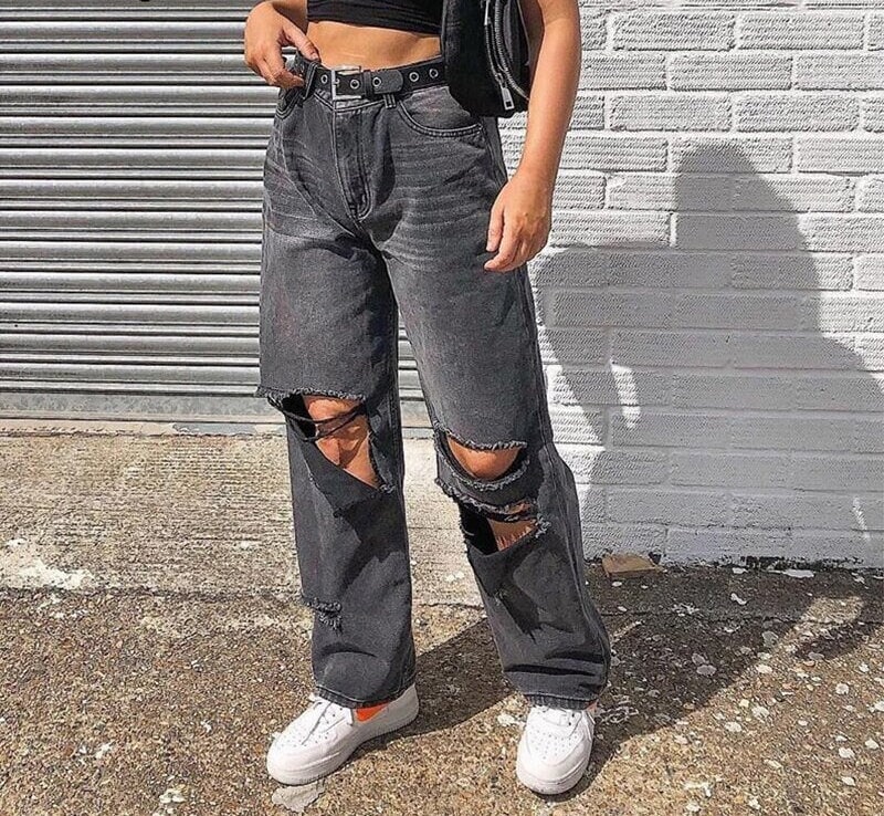Ripped Women Jeans Wide Leg Long Cargo 
