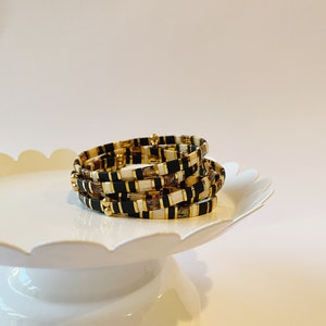 Pepper | Brown Black and Tortoise Tila Bead Stretch Bracelet | Handmade Stretch Bracelet | Stackable Handmade Bracelet | Minimalist Bracelet