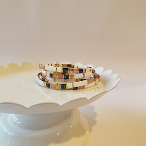 Kenzie in Pink | White Pink and Navy Tila Stretch Bracelet | Stretch Bracelet | Stackable Bracelet | Minimalist Bracelet