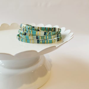 Navy | Turquoise and Navy Tila Bead Stretch Bracelet | Stretch Bracelet | Stackable Stretch Tile Bracelet | Minimalist Handmade Jewelry