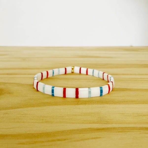 Red White & Blue | Handmade Tila Bead Stretch Bracelet | Stretch Bracelet | Stackable Stretch Tile Bracelet | Minimalist Handmade Jewelry