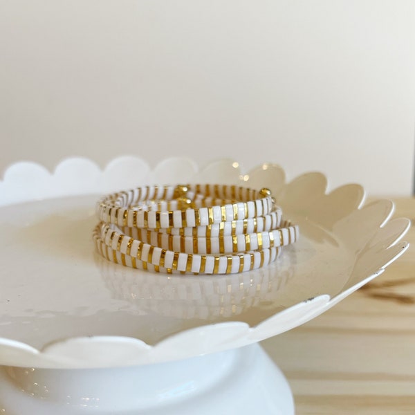 Stella | White and Gold Stripe Tila Stretch Bracelet | Stretch Bracelet | Stackable Bracelet | Minimalist Bracelet