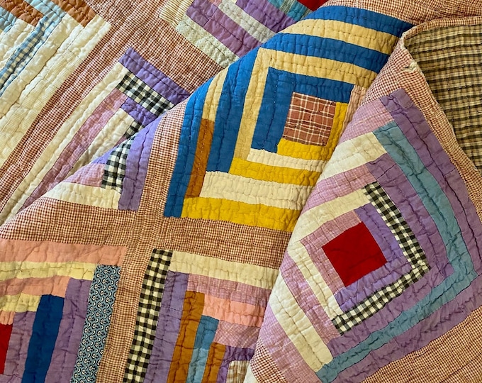 Antique Vintage Hand Stitched Quilt Log Cabin Pattern Indigo Blue