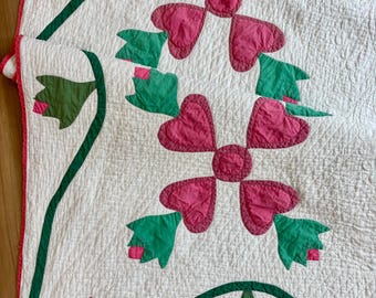 c1900s Antique Hand Stitched Appliqué Quilt - “Budding Hearts” - 76x79”