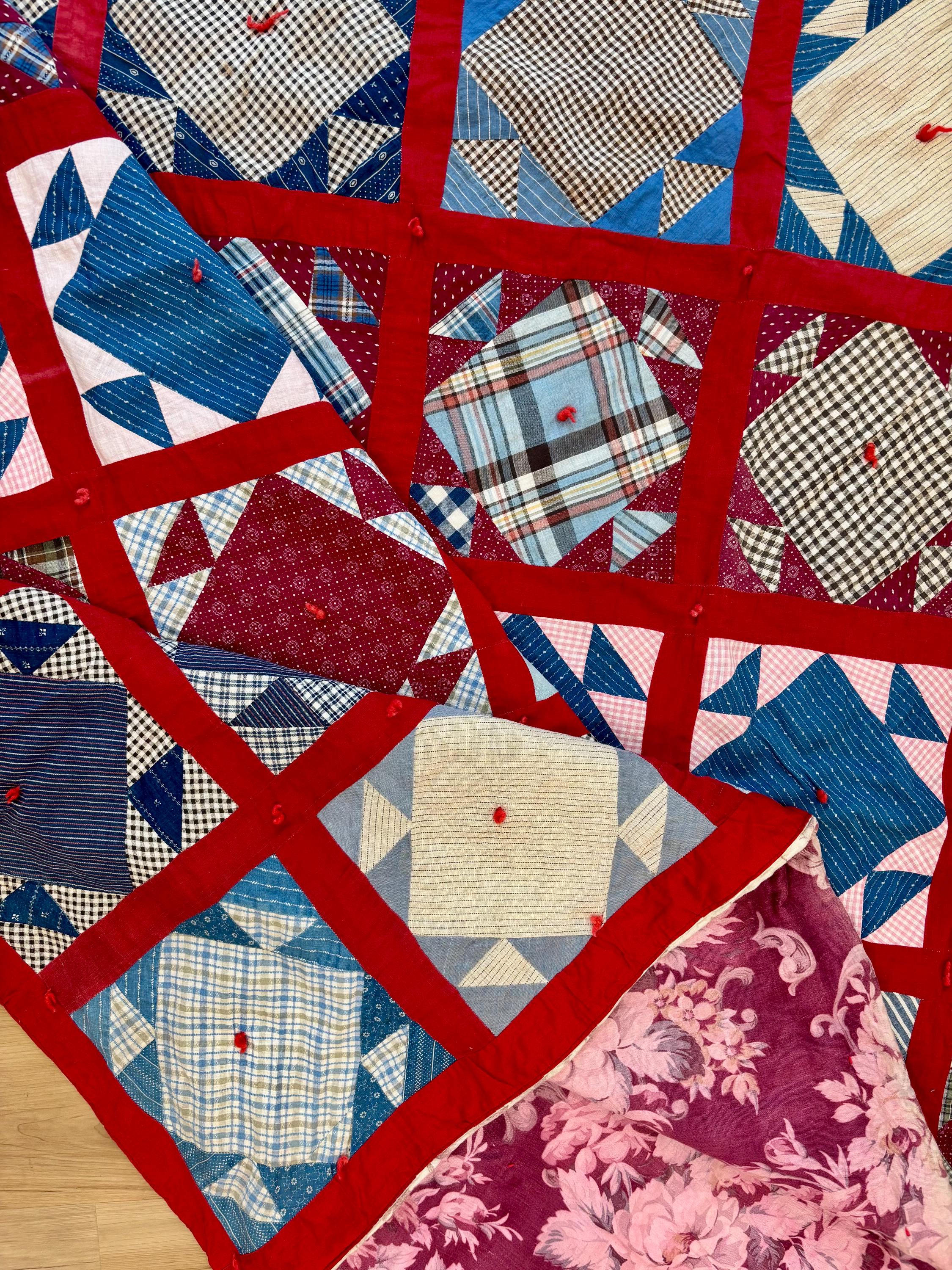 Vintage Hand Pieced Churn Dash Quilt - 70x72"