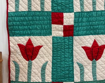 Vintage Hand Stitched  Tulip Quilt - 63x81&quot;