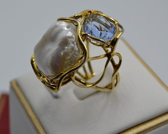 "Onde del Mare" ring with baroque pearl and amethyst drop in 18k plated 925 silver