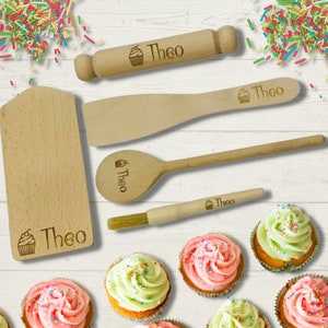 Personalised Engraved 5 Piece Wooden Children's Kitchen Baking Utensils Set Any Name