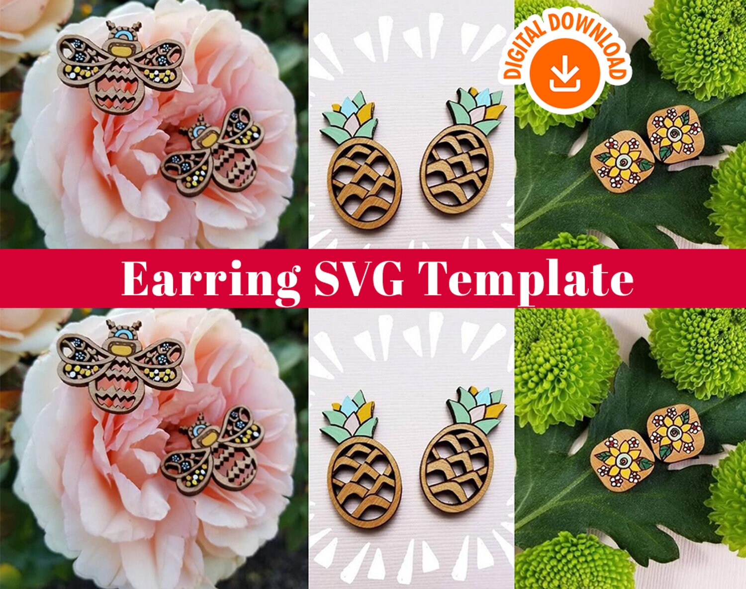 Earring Svg Template Laser Cut, Bee Earring Svg Dxf, Pineapple Earrin…