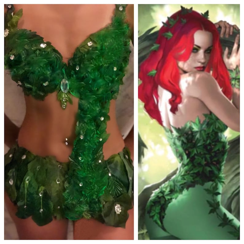 May include: A woman wearing a green costume with leaves and vines, inspired by Poison Ivy from DC Comics. The costume is made of fabric and has a bra top and skirt. The woman is posing with her arms crossed and looking at the camera.