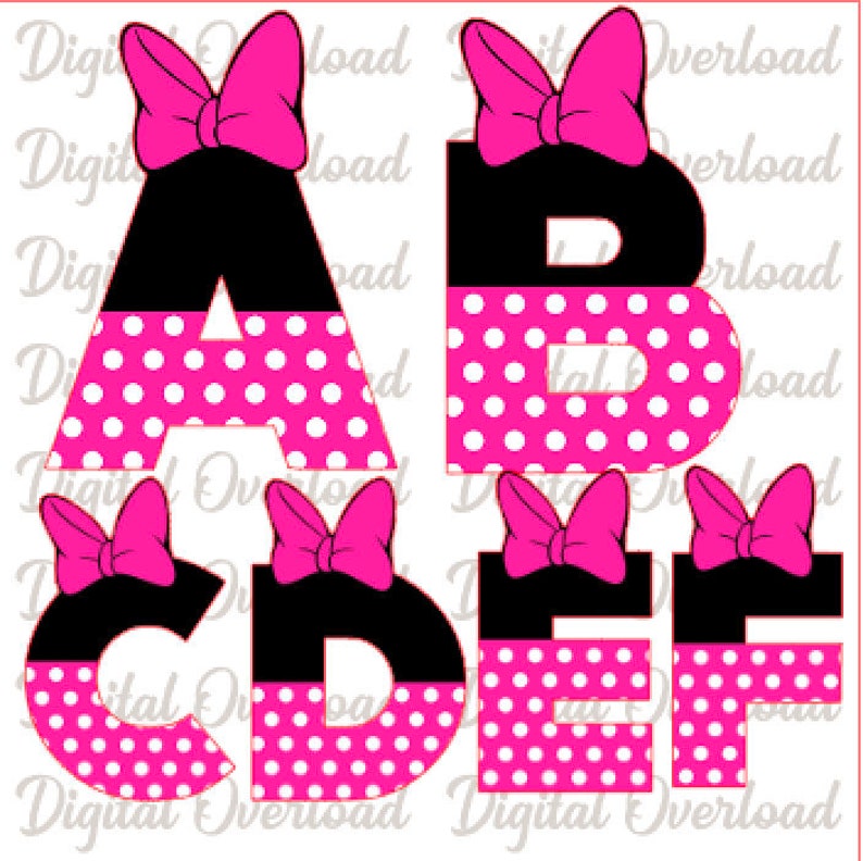 inspired minnie mouse pink complete alphabet font digital