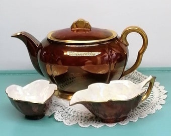 3 Piece Carleton Ware Tea Set, Rouge Royale Pattern Teapot, Teapot, Creamer, Sugar Dish. c. 1940s-1950s
