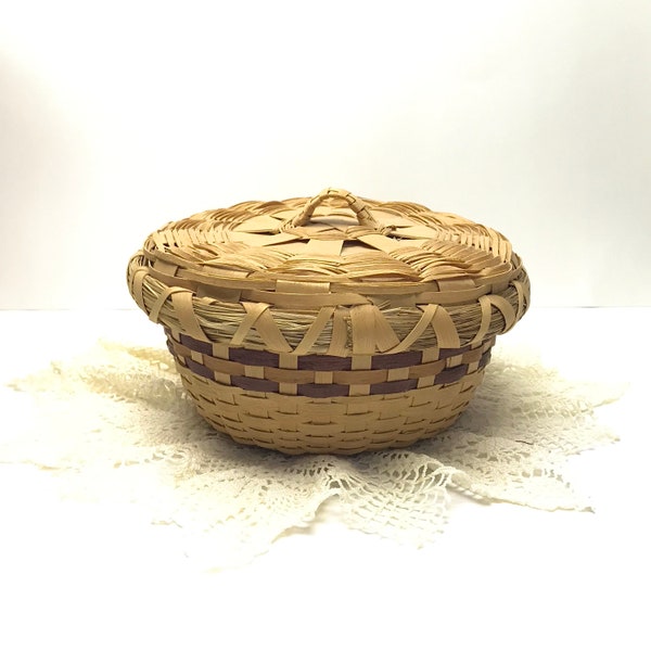 Native Sewing Basket, Mi’kmaq Lidded Basket, Hand Woven Round Basket, Signed and Dated