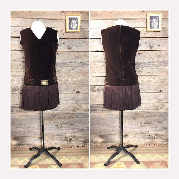 Vintage Girl’s Brown Velvet Flapper Style Mini Dress, c. 1960s, by Lanc-ette, Teen/Tween Flapper Costume