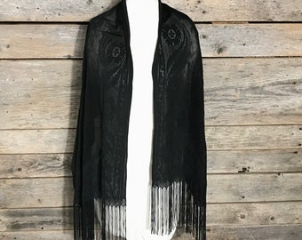 1920s Black Lace Scarf, Mourning Shawl, Antique Lacework