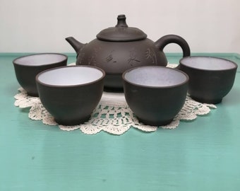 Yixing Tea Set, Chinese Teapot with 4 Cups, Unused, 1980s, Unglazed Teapot