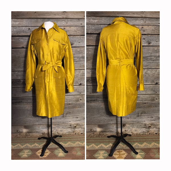 Isaac Mizrahi Gold Shirt Dress, 100% Silk, Tagged Size 8, c. 1990s, Retro Shirt Dress