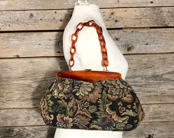 Vintage Tapestry Purse with Rare Chunky Acrylic Chain Link Top Handle, SOME WEAR & TEAR, Granny Handbag, Large Grannycore Purse