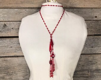 Vintage Red Glass Lariat Necklace 1920s Style Flapper Bead Strand with Tassels RESTRUNG